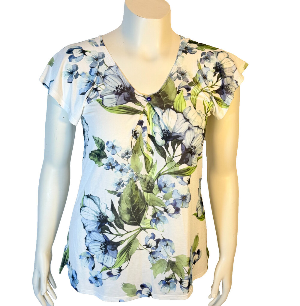Brittany Black V-Neck Blue Floral Tunic Blouse Women's Size PM Petite M